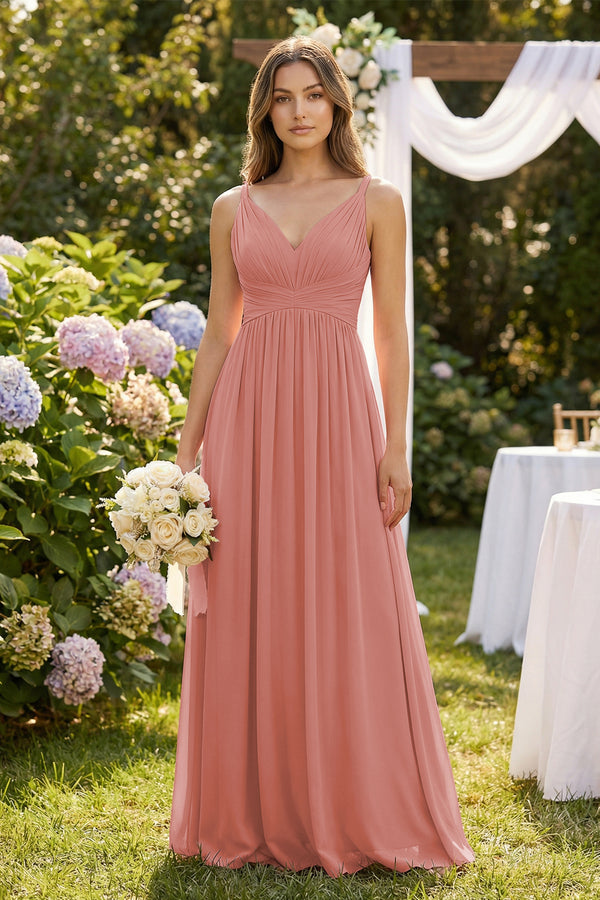 Mulberry V-Neck Pleated A-Line Chiffon Bridesmaid Dress (3) | KISSBRIDAL