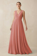 Mulberry V-Neck Pleated A-Line Chiffon Bridesmaid Dress | KISSBRIDAL