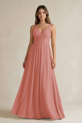 Mulberry V-Neck Pleated A-Line Chiffon Bridesmaid Dress | KISSBRIDAL