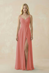 Mulberry V-Neck Ruched Chiffon Bridesmaid Dress with Slit | KISSBRIDAL