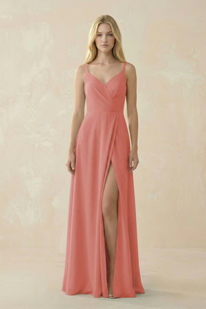 Mulberry V-Neck Ruched Chiffon Bridesmaid Dress with Slit | KISSBRIDAL