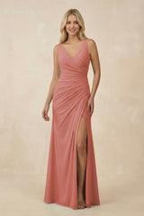 Mulberry V-Neck Ruched Sheath Bridesmaid Dress with Slit | KISSBRIDAL