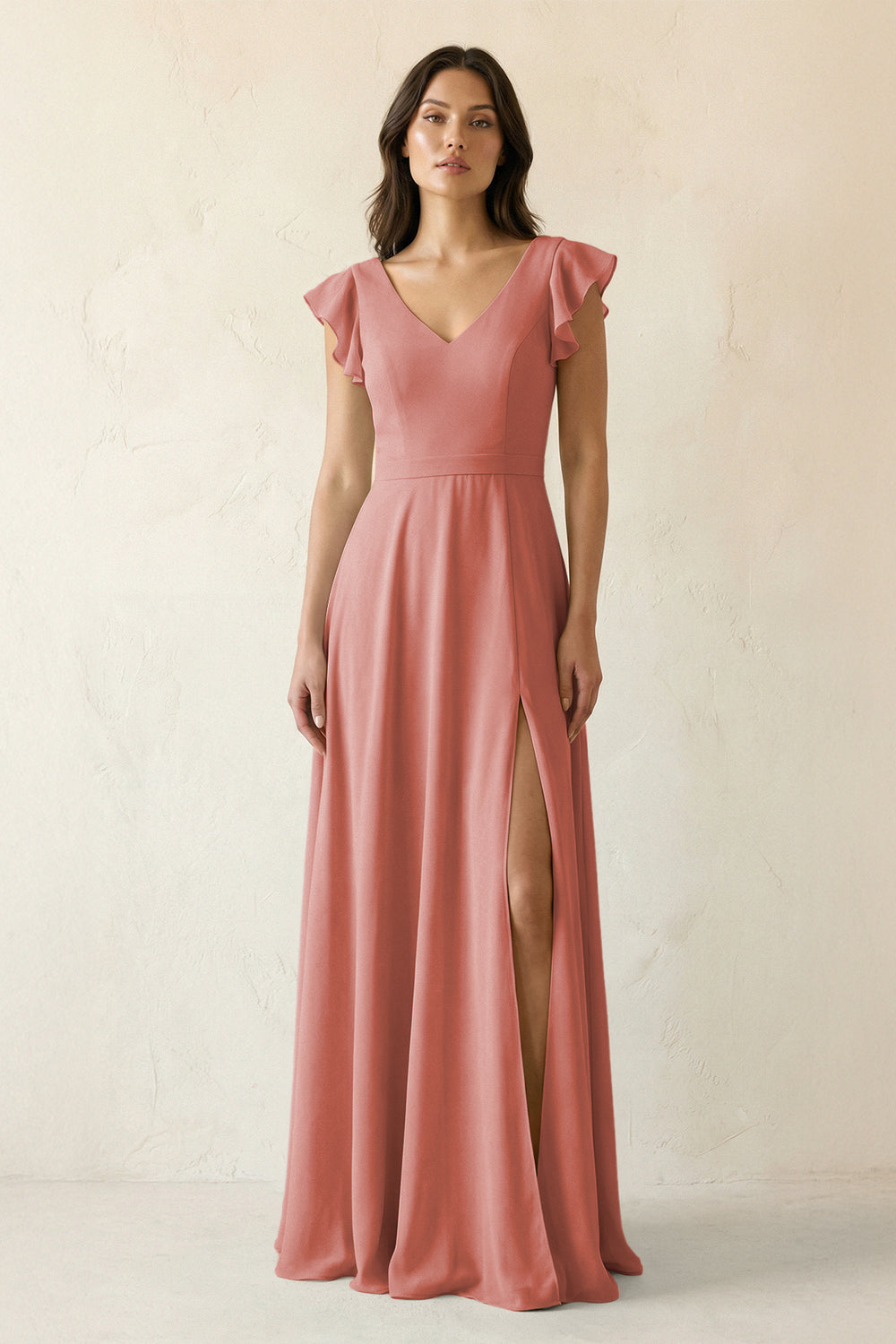 V-Neck Ruffled A-Line Chiffon Bridesmaid Dress in Mulberry