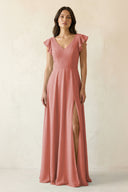 Mulberry V-Neck Ruffled A-Line Chiffon Bridesmaid Dress | KISSBRIDAL