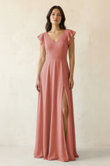 Mulberry V-Neck Ruffled A-Line Chiffon Bridesmaid Dress | KISSBRIDAL