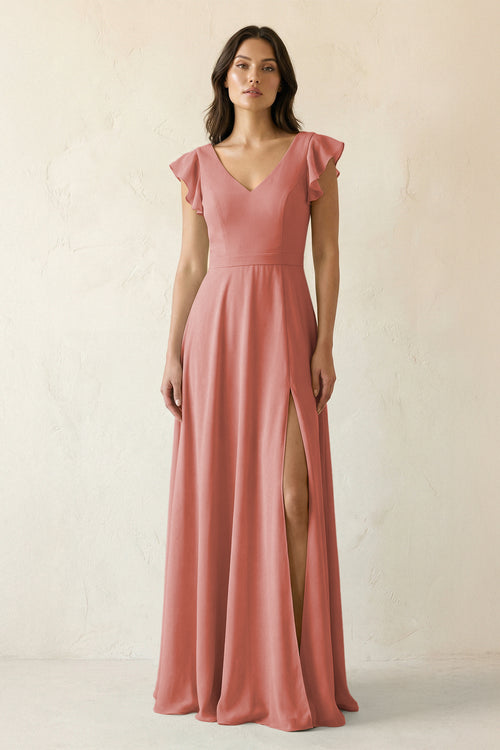 Mulberry V-Neck Ruffled A-Line Chiffon Bridesmaid Dress | KISSBRIDAL