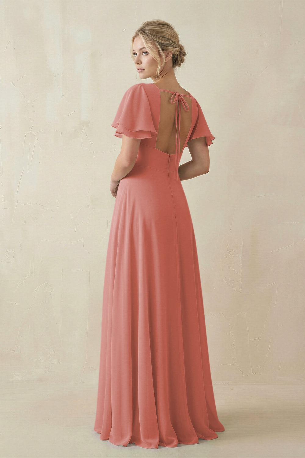 V-Neck Ruffled Short Sleeves A-Line Bridesmaid Dress in Mulberry