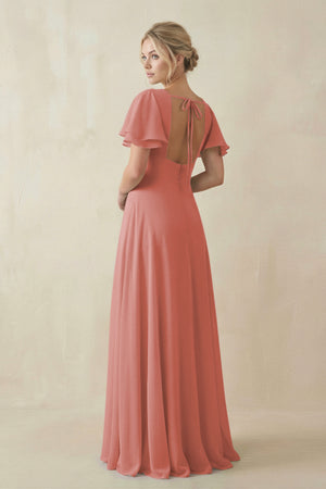 Mulberry V-Neck Ruffled Short Sleeves A-Line Bridesmaid Dress (2) | KISSBRIDAL
