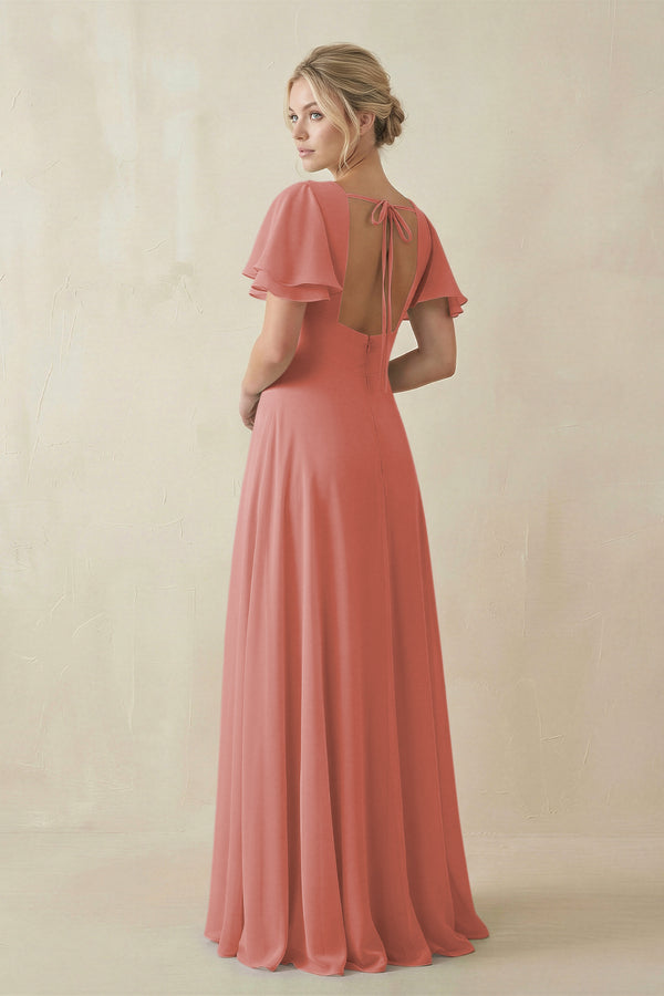 Mulberry V-Neck Ruffled Short Sleeves A-Line Bridesmaid Dress (2) | KISSBRIDAL