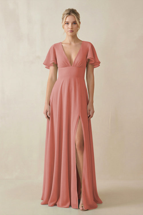 Mulberry V-Neck Ruffled Short Sleeves A-Line Bridesmaid Dress | KISSBRIDAL