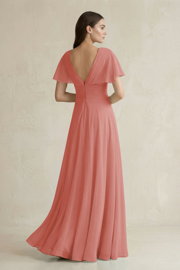 Mulberry V-Neck Ruffled Sleeve A-Line Chiffon Bridesmaid Dress (2) | KISSBRIDAL
