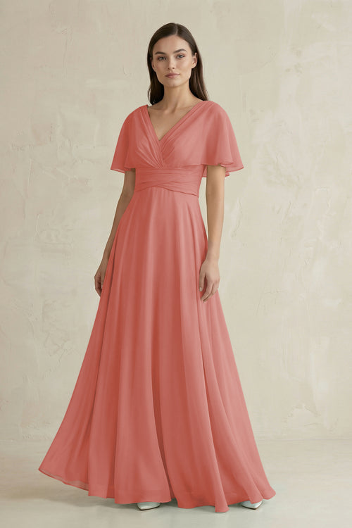 Mulberry V-Neck Ruffled Sleeve A-Line Chiffon Bridesmaid Dress | KISSBRIDAL