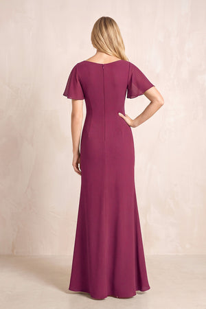 Mulberry V-Neck Sheath Chiffon Ruffled Short Sleeves Mother of the Bride Dress with Slit (2) | KISSBRIDAL