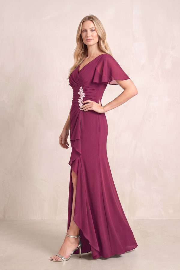Mulberry V-Neck Sheath Chiffon Ruffled Short Sleeves Mother of the Bride Dress with Slit (3) | KISSBRIDAL