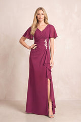 Mulberry V-Neck Sheath Chiffon Ruffled Short Sleeves Mother of the Bride Dress with Slit | KISSBRIDAL