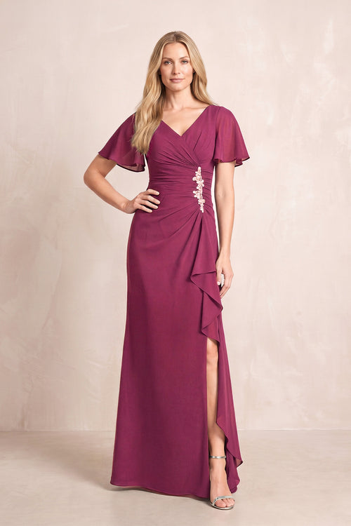 Mulberry V-Neck Sheath Chiffon Ruffled Short Sleeves Mother of the Bride Dress with Slit | KISSBRIDAL