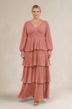 Mulberry V-Neck Tiered A-Line Long Sleeve Bridesmaid Dress (3) [sizeplus] | KISSBRIDAL