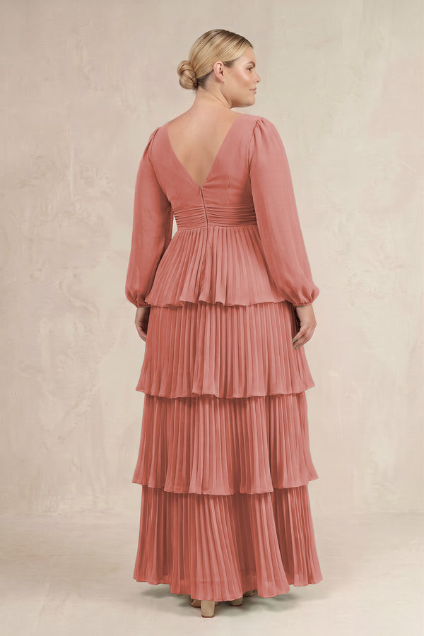 Mulberry V-Neck Tiered A-Line Long Sleeve Bridesmaid Dress (4) [sizeplus] | KISSBRIDAL