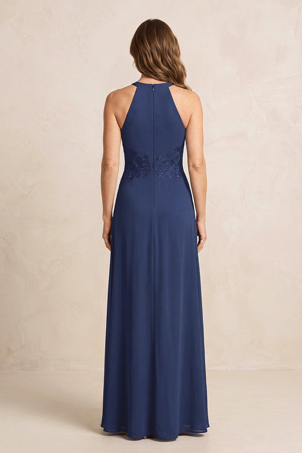 Navy A-Line Chiffon Embroidered Halter Mother of the Bride Dress (2) | KISSBRIDAL