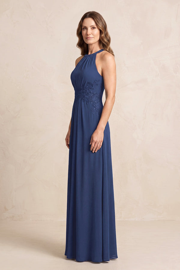 Navy A-Line Chiffon Embroidered Halter Mother of the Bride Dress (3) | KISSBRIDAL