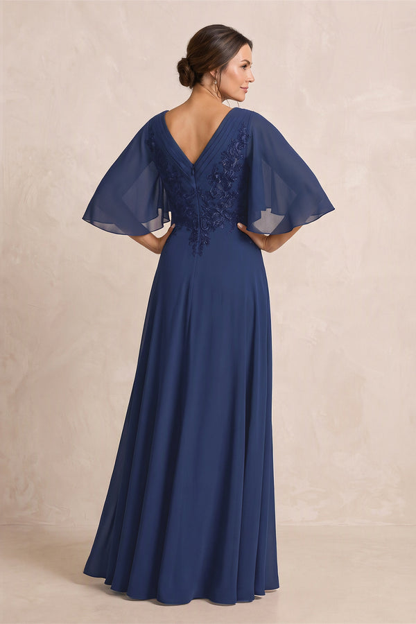 Navy A-Line Embroidered Chiffon Mother of the Bride Dress With Sleeves (2) | KISSBRIDAL