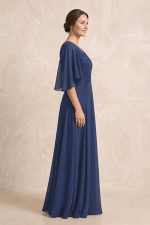 Navy A-Line Embroidered Chiffon Mother of the Bride Dress With Sleeves (3) | KISSBRIDAL
