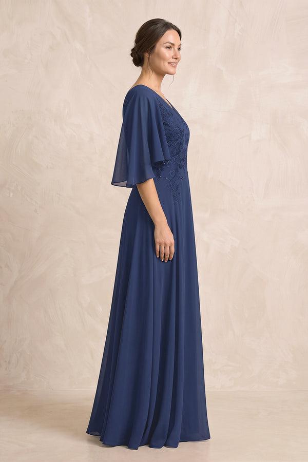 Navy A-Line Embroidered Chiffon Mother of the Bride Dress With Sleeves (3) | KISSBRIDAL