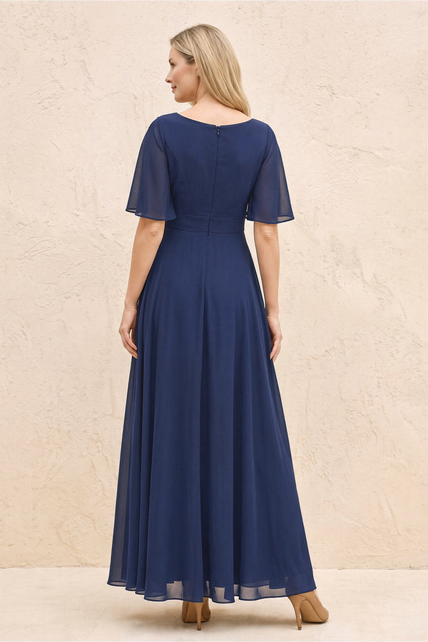 Navy A-Line Flutter Sleeves Chiffon Mother of the Bride Dress (2) | KISSBRIDAL