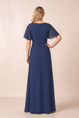 Navy A-Line Ruched Chiffon Mother of the Bride Dress with Ruffled Sleeves (2) | KISSBRIDAL