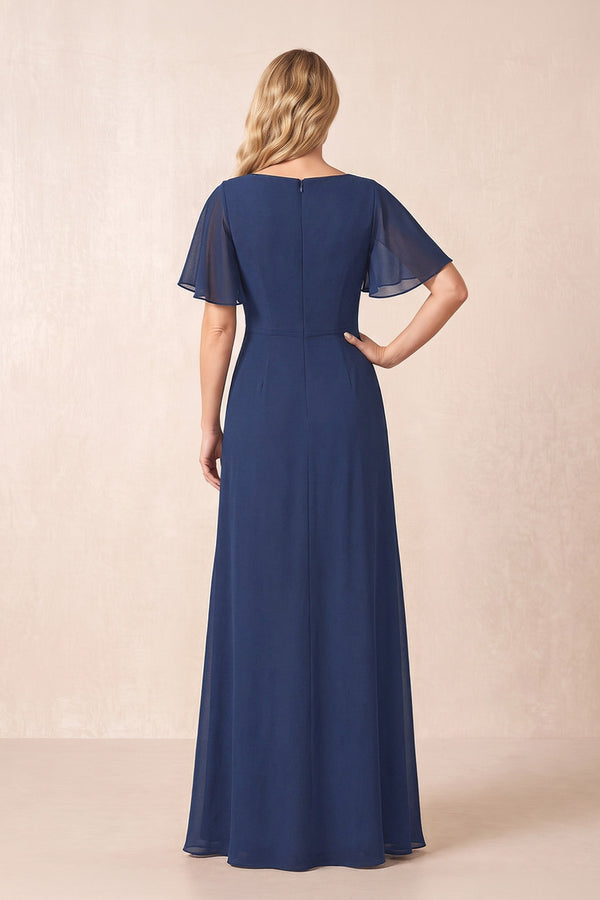 Navy A-Line Ruched Chiffon Mother of the Bride Dress with Ruffled Sleeves (2) | KISSBRIDAL