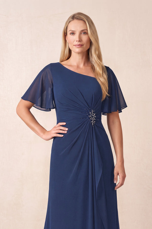 Navy A-Line Ruched Chiffon Mother of the Bride Dress with Ruffled Sleeves (3) | KISSBRIDAL