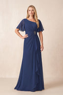 Navy A-Line Ruched Chiffon Mother of the Bride Dress with Ruffled Sleeves | KISSBRIDAL