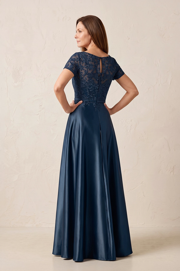 Navy A-Line Satin Embroidered Boat Beck Mother of the Bride Dress With Sleeves (2) | KISSBRIDAL