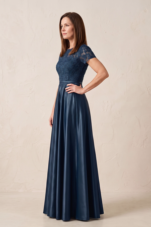 Navy A-Line Satin Embroidered Boat Beck Mother of the Bride Dress With Sleeves (3) | KISSBRIDAL