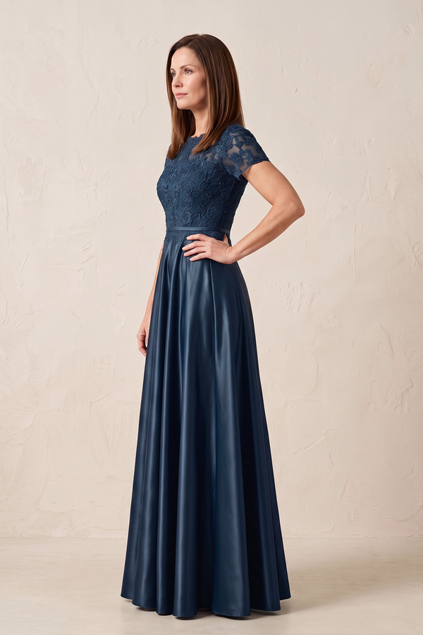 Navy A-Line Satin Embroidered Boat Beck Mother of the Bride Dress With Sleeves (3) | KISSBRIDAL