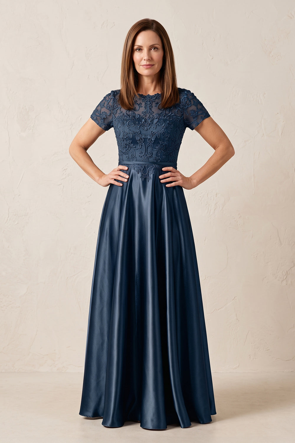 Navy A-Line Satin Embroidered Boat Neck Mother of the Bride Dress With Sleeves