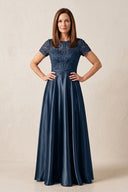 Navy A-Line Satin Embroidered Boat Beck Mother of the Bride Dress With Sleeves | KISSBRIDAL