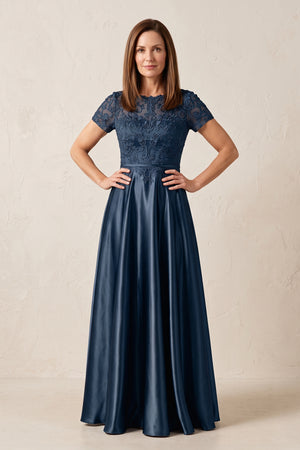 Navy A-Line Satin Embroidered Boat Beck Mother of the Bride Dress With Sleeves | KISSBRIDAL