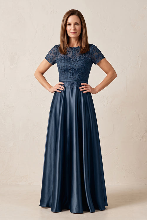 Navy A-Line Satin Embroidered Boat Beck Mother of the Bride Dress With Sleeves | KISSBRIDAL