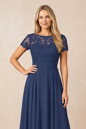 Navy Boat Neck Chiffon A-Line Embroidered Mother of the Bride Dress with Sleeves (3) | KISSBRIDAL
