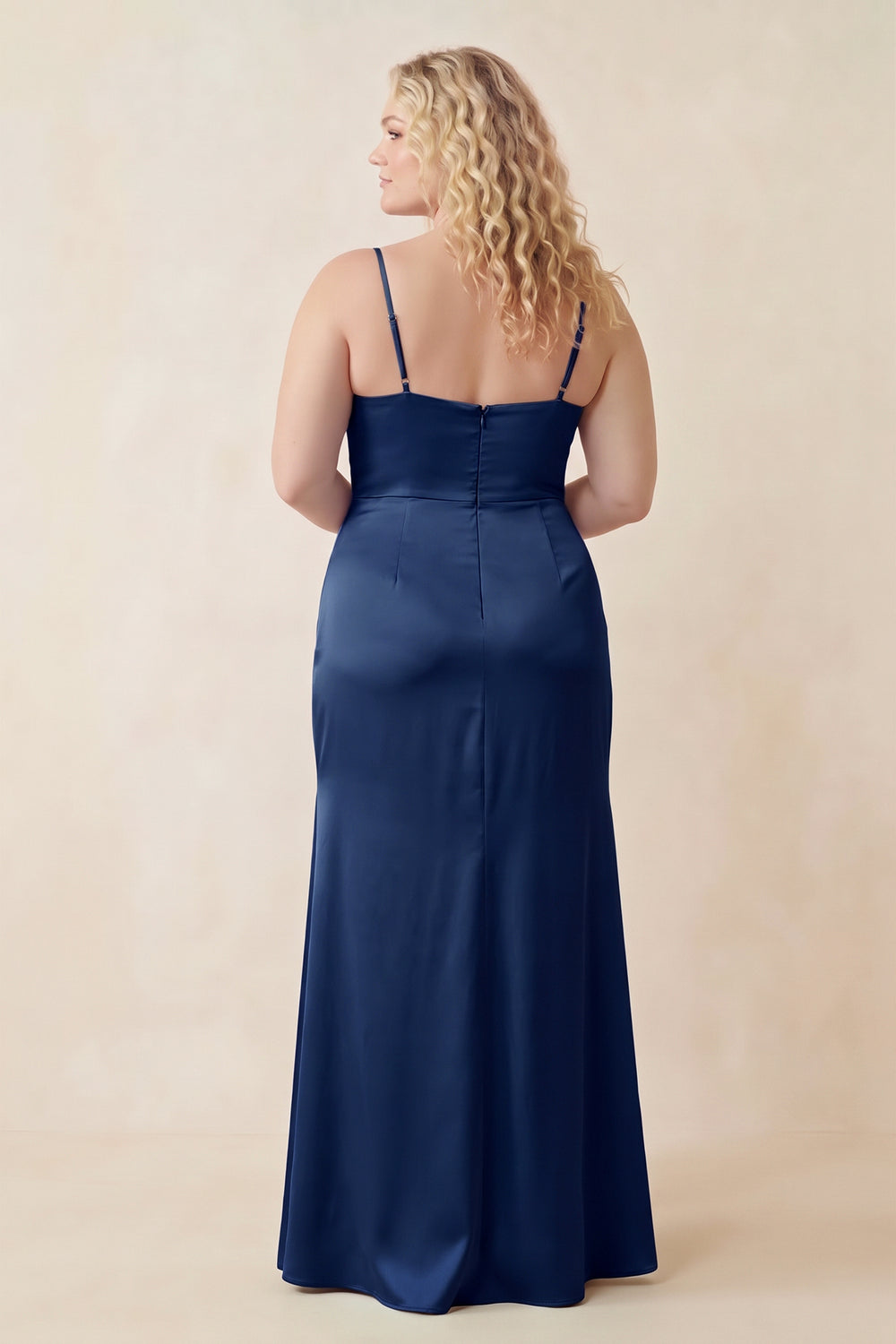Cami Strap Ruched Satin Sheath Bridesmaid Dress in Navy