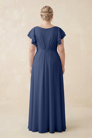 Navy Cap Sleeve Ruffled A-Line Chiffon Bridesmaid Dress (2) | KISSBRIDAL