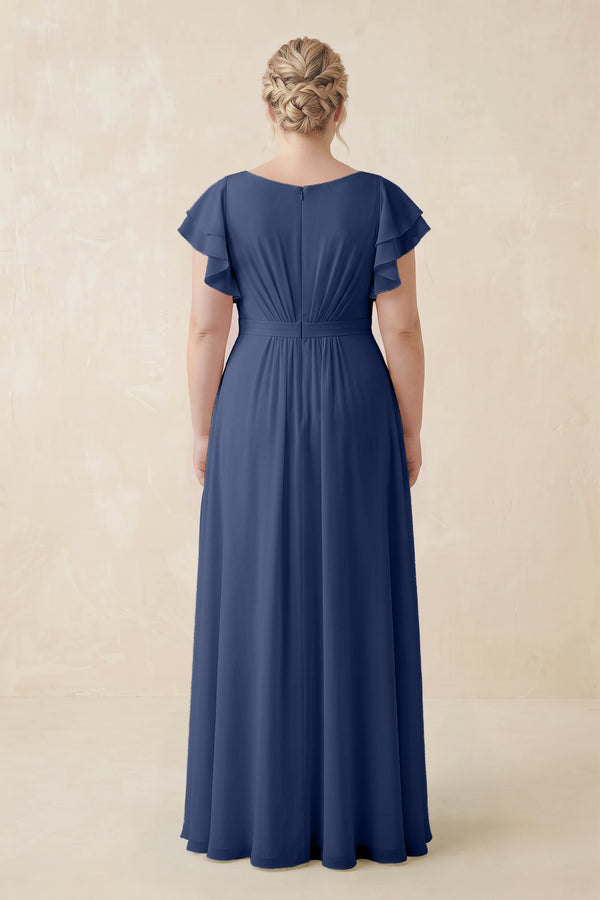 Navy Cap Sleeve Ruffled A-Line Chiffon Bridesmaid Dress (2) | KISSBRIDAL