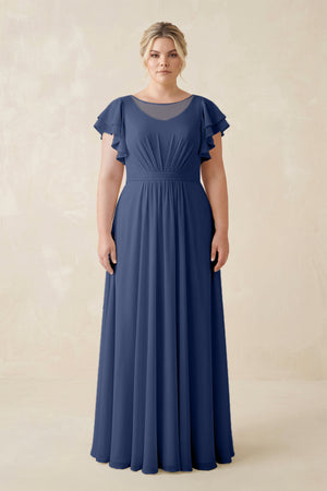 Navy Cap Sleeve Ruffled A-Line Chiffon Bridesmaid Dress | KISSBRIDAL