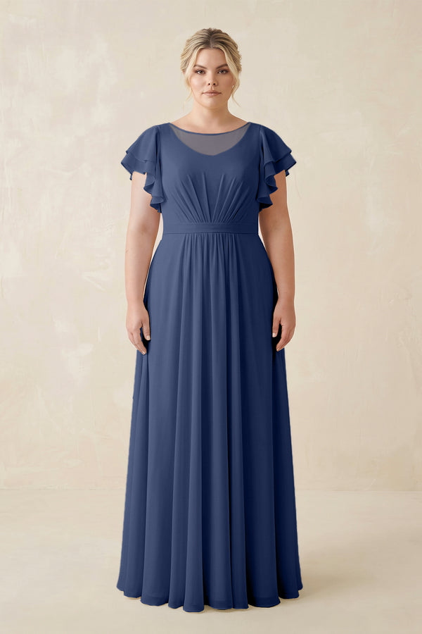 Navy Cap Sleeve Ruffled A-Line Chiffon Bridesmaid Dress | KISSBRIDAL
