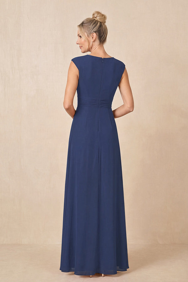 Navy Cap Sleeves A-Line Chiffon Pleated Ruffled Mother of the Bride Dress (2) | KISSBRIDAL