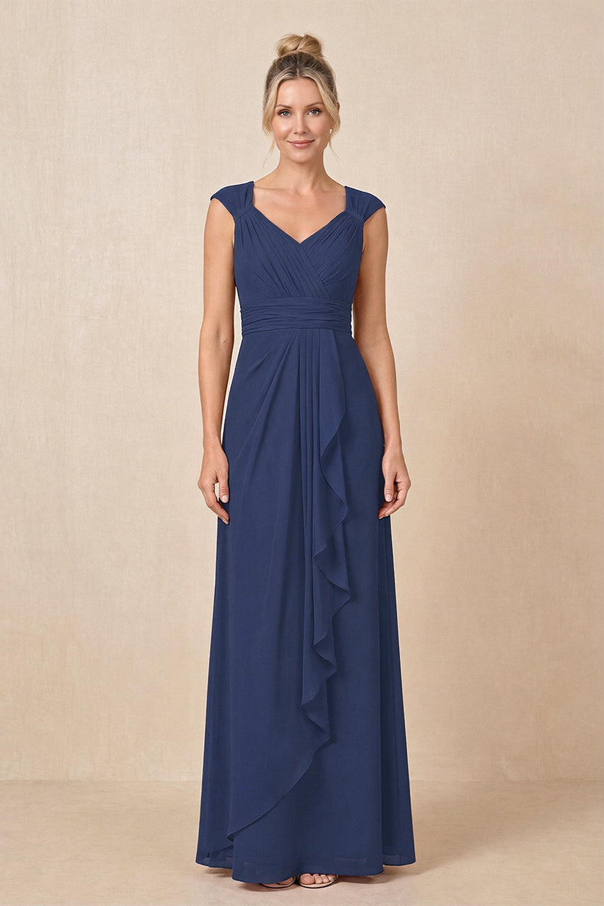 Navy Cap Sleeves A-Line Chiffon Pleated Ruffled Mother of the Bride Dress
