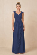 Navy Cap Sleeves A-Line Chiffon Pleated Ruffled Mother of the Bride Dress | KISSBRIDAL
