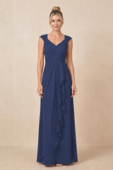 Navy Cap Sleeves A-Line Chiffon Pleated Ruffled Mother of the Bride Dress | KISSBRIDAL