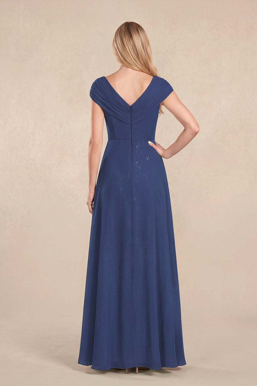 Navy Cap Sleeves Chiffon A-Line Lace V-Neck Mother of the Bride Dress